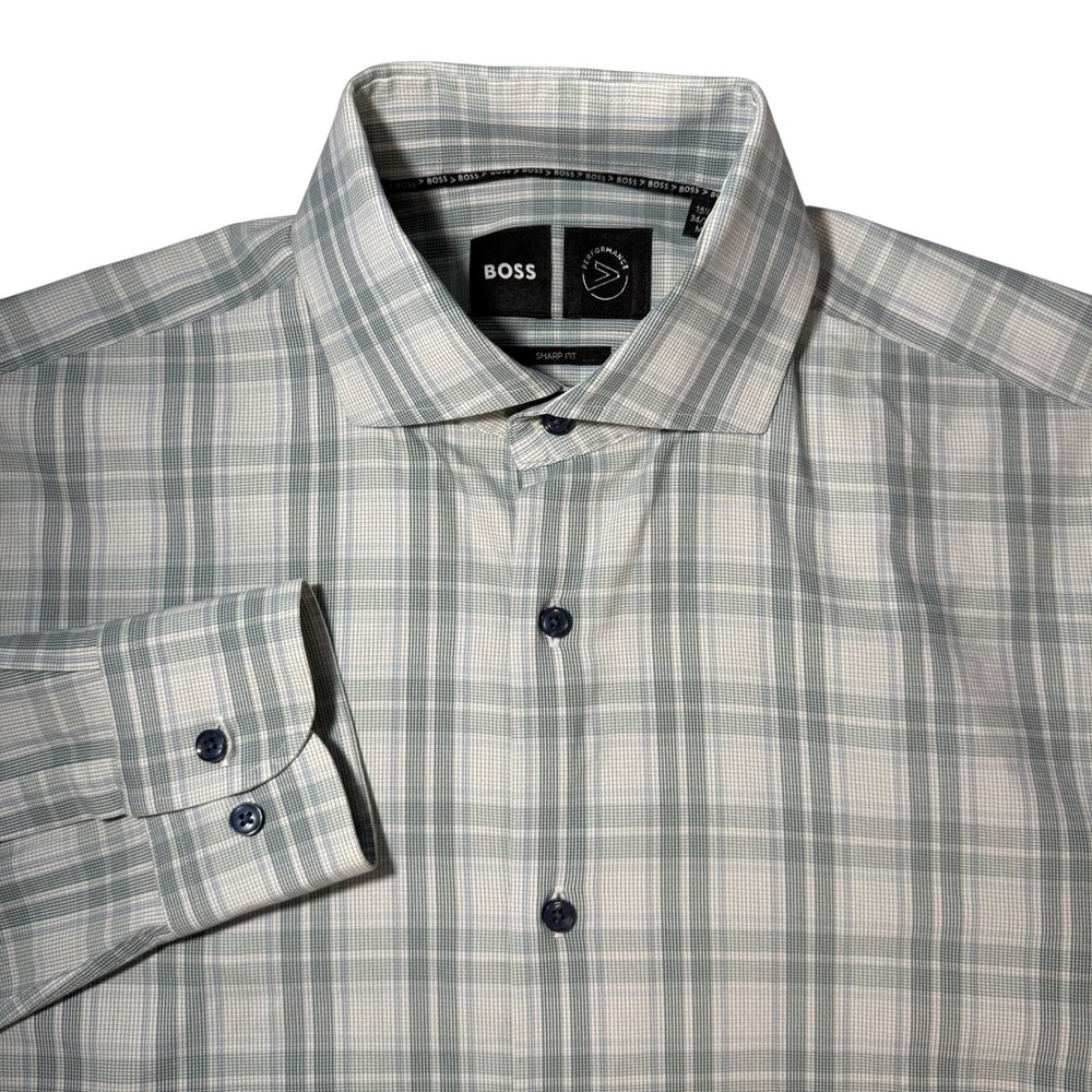 BOSS‎ Mens Long Sleeve Dress Shirt Plaid Sharp Fit Performance Blue White M